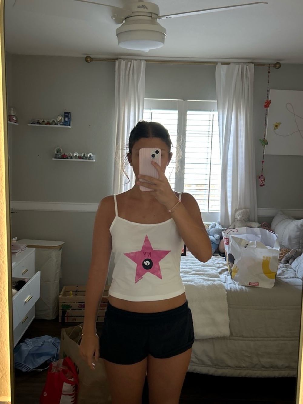 Women’s White Spaghetti-Strap Graphic Crop Tank with Pink Star